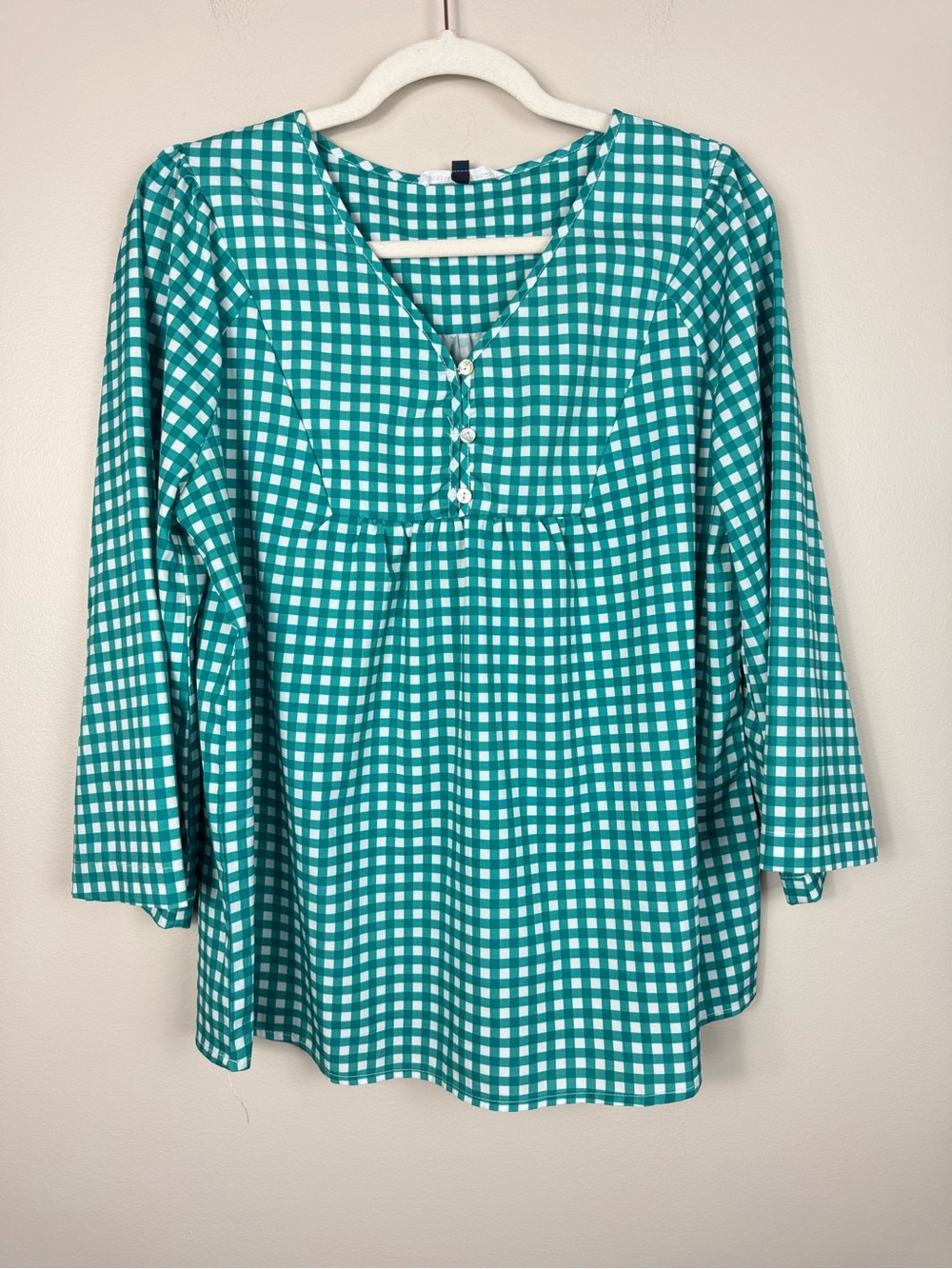 Michelle Mcdowell Top Womens Large Gingham Green Top Button Pleated Farm Picnic